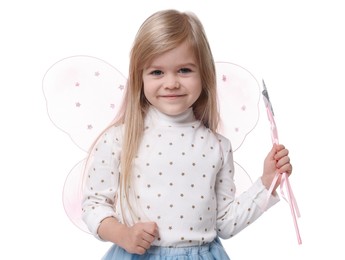 Cute little girl in fairy costume with pink wings and magic wand on white background