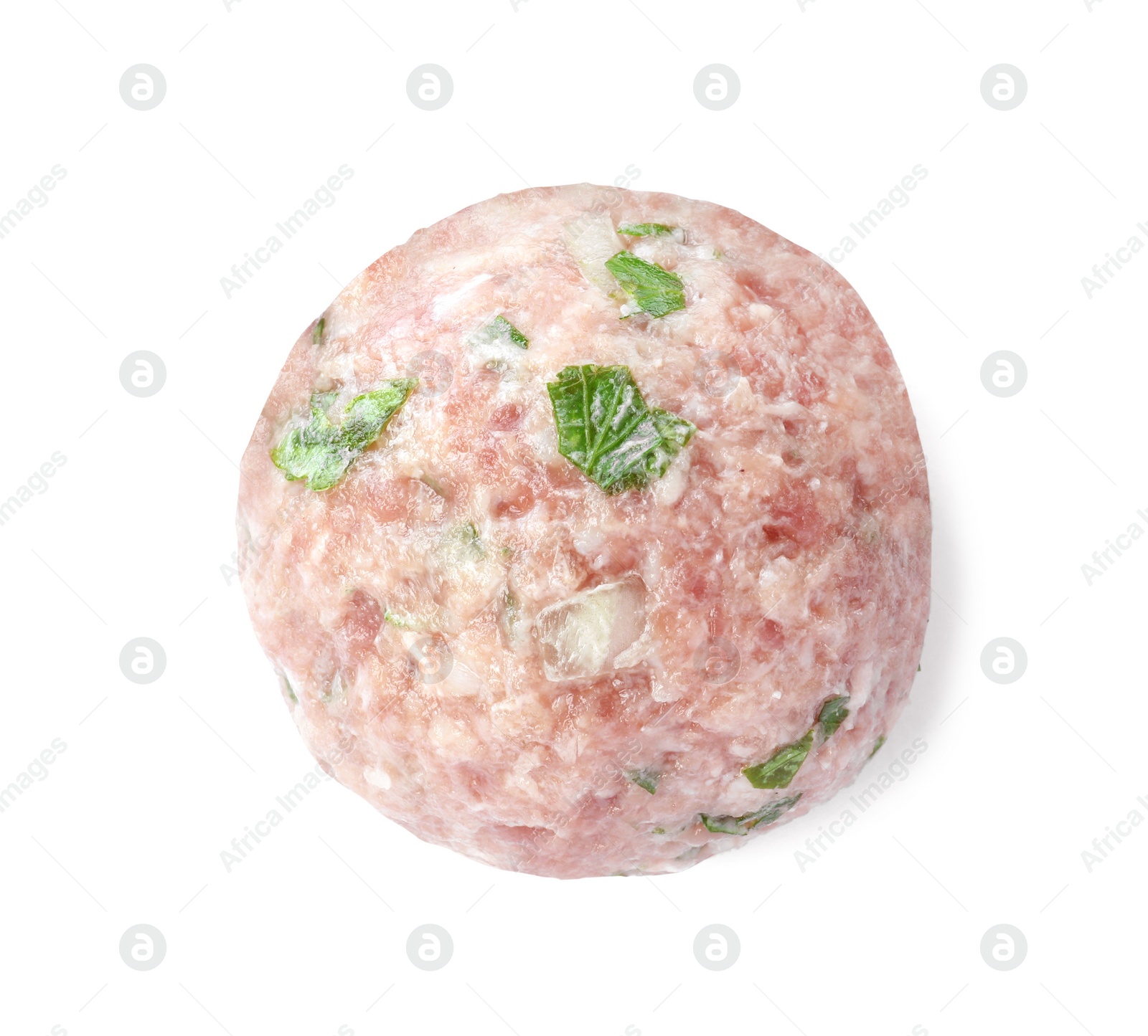 Photo of One fresh raw meatball isolated on white, top view