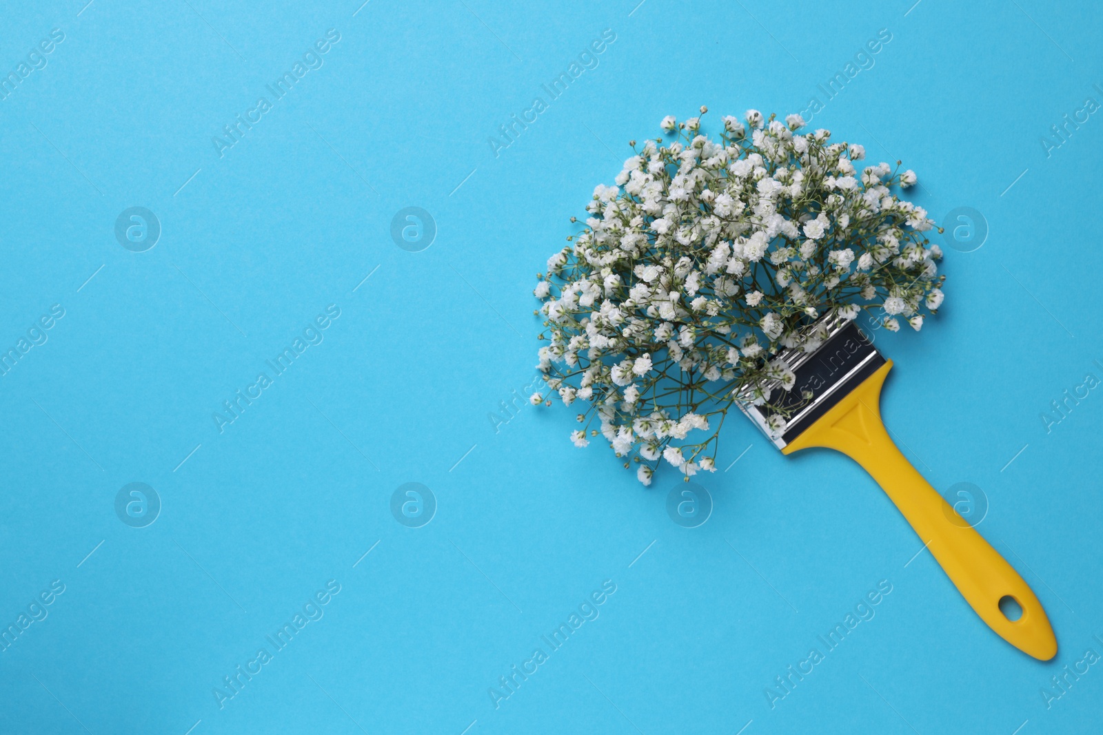 Photo of Creative composition with paint brush and gypsophila flowers on light blue background, top view. Space for text