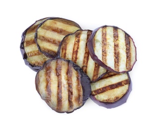 Photo of Delicious grilled eggplant slices on white background, top view