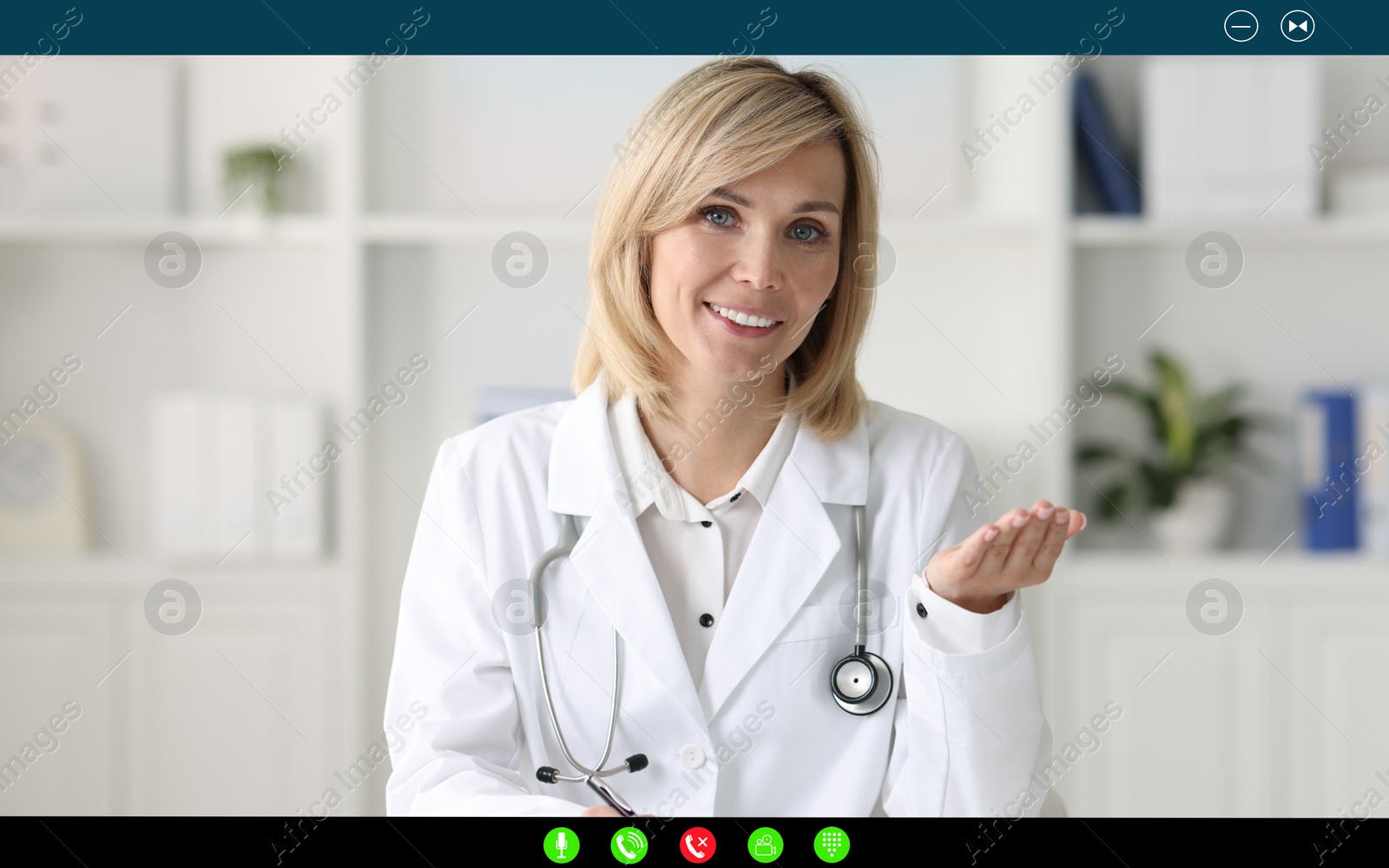 Image of Online medical consultation. Doctor working via video chat application