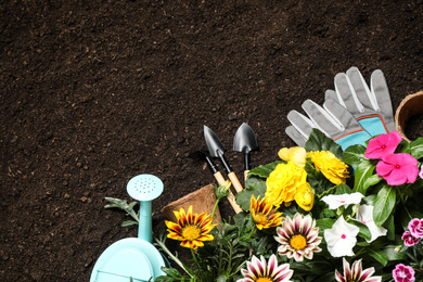 Flat lay composition with gardening tools and flowers on soil, space for text