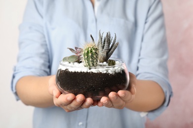 Young woman holding florarium with different succulents on color background, closeup