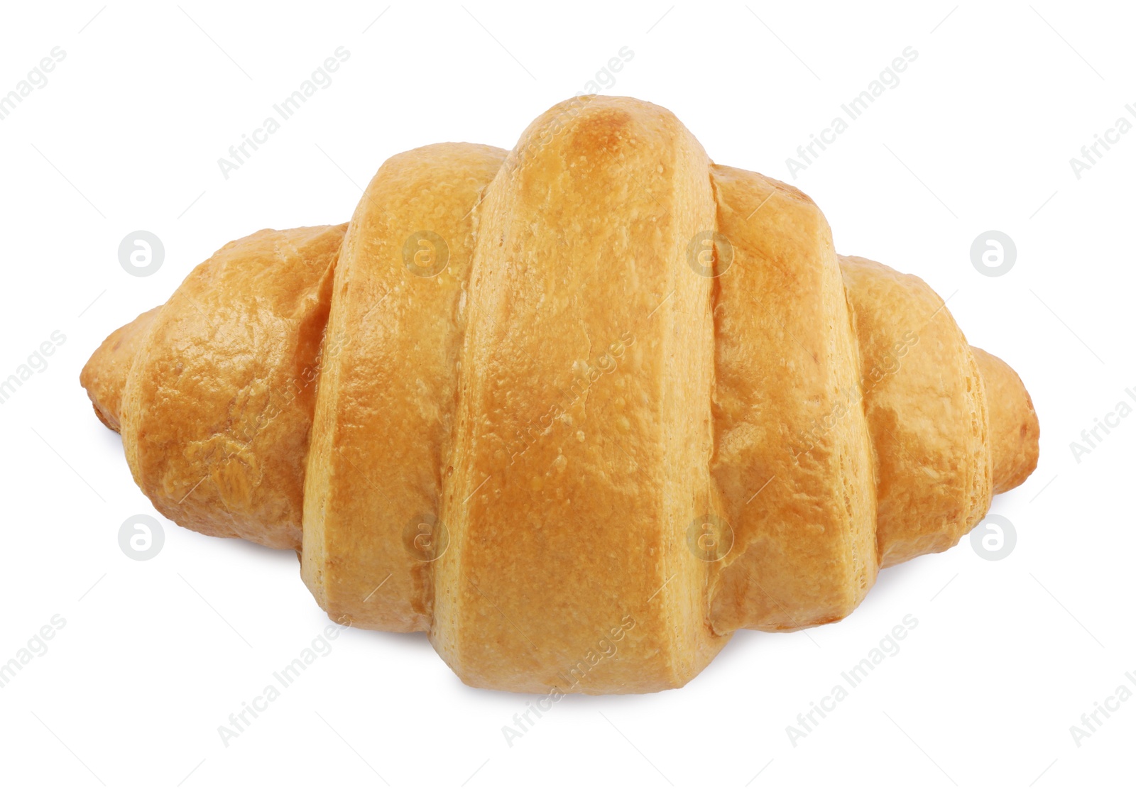 Photo of One delicious fresh croissant isolated on white, top view