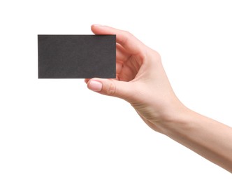 Photo of Woman holding blank business card on white background, closeup. Space for text