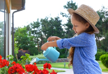 Little girl watering red flowers on backyard. Home gardening