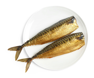 Photo of Plate with smoked fish isolated on white, top view