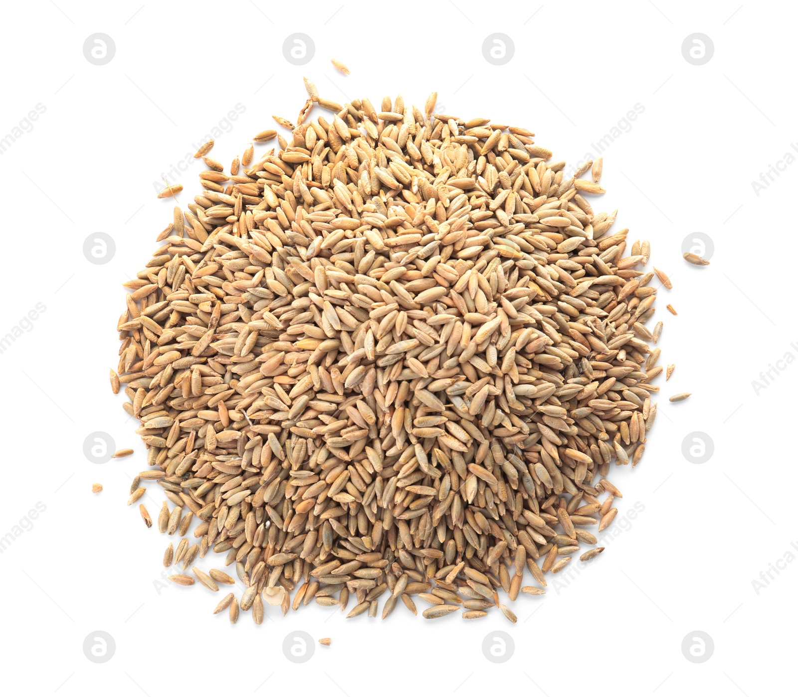 Photo of Raw rye on white background. Healthy grains and cereals