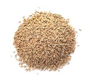 Photo of Raw rye on white background. Healthy grains and cereals