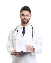 Photo of Young male doctor in uniform with clipboard isolated on white