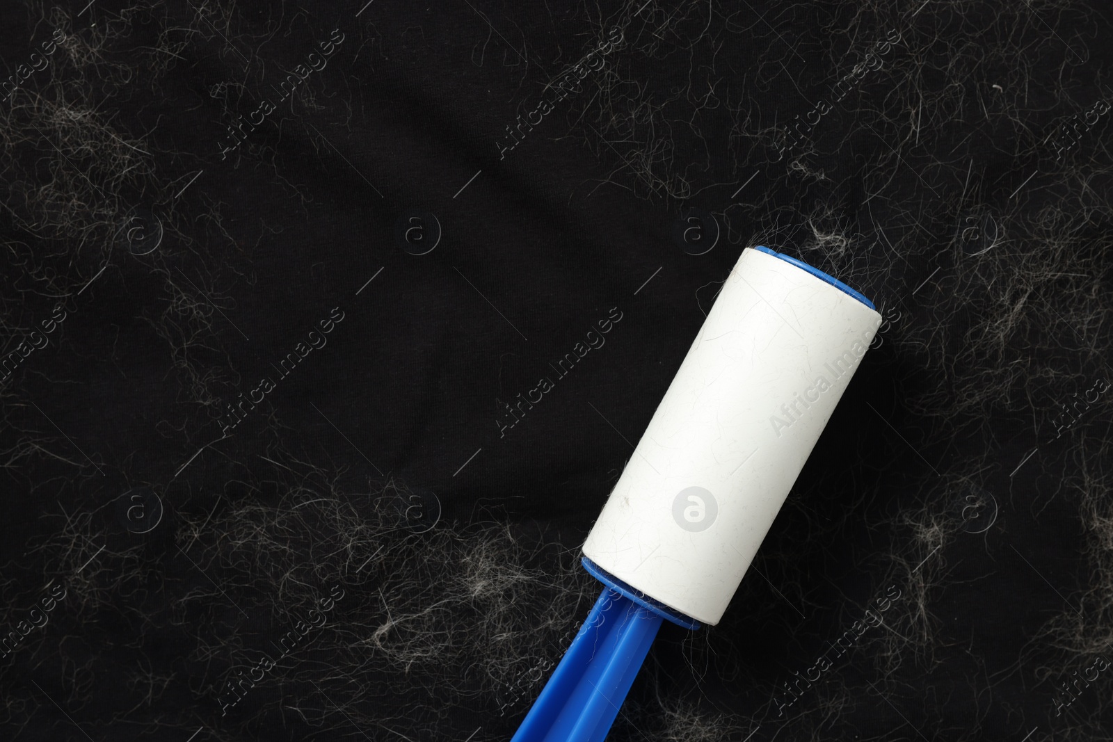 Photo of Removing pet hair with lint roller from black fabric, top view. Space for text