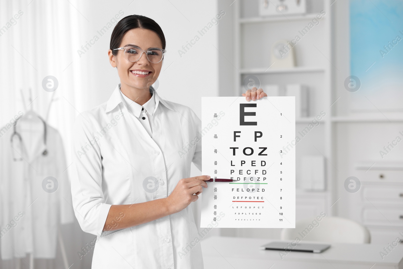 Photo of Ophthalmologist pointing at vision test chart in clinic