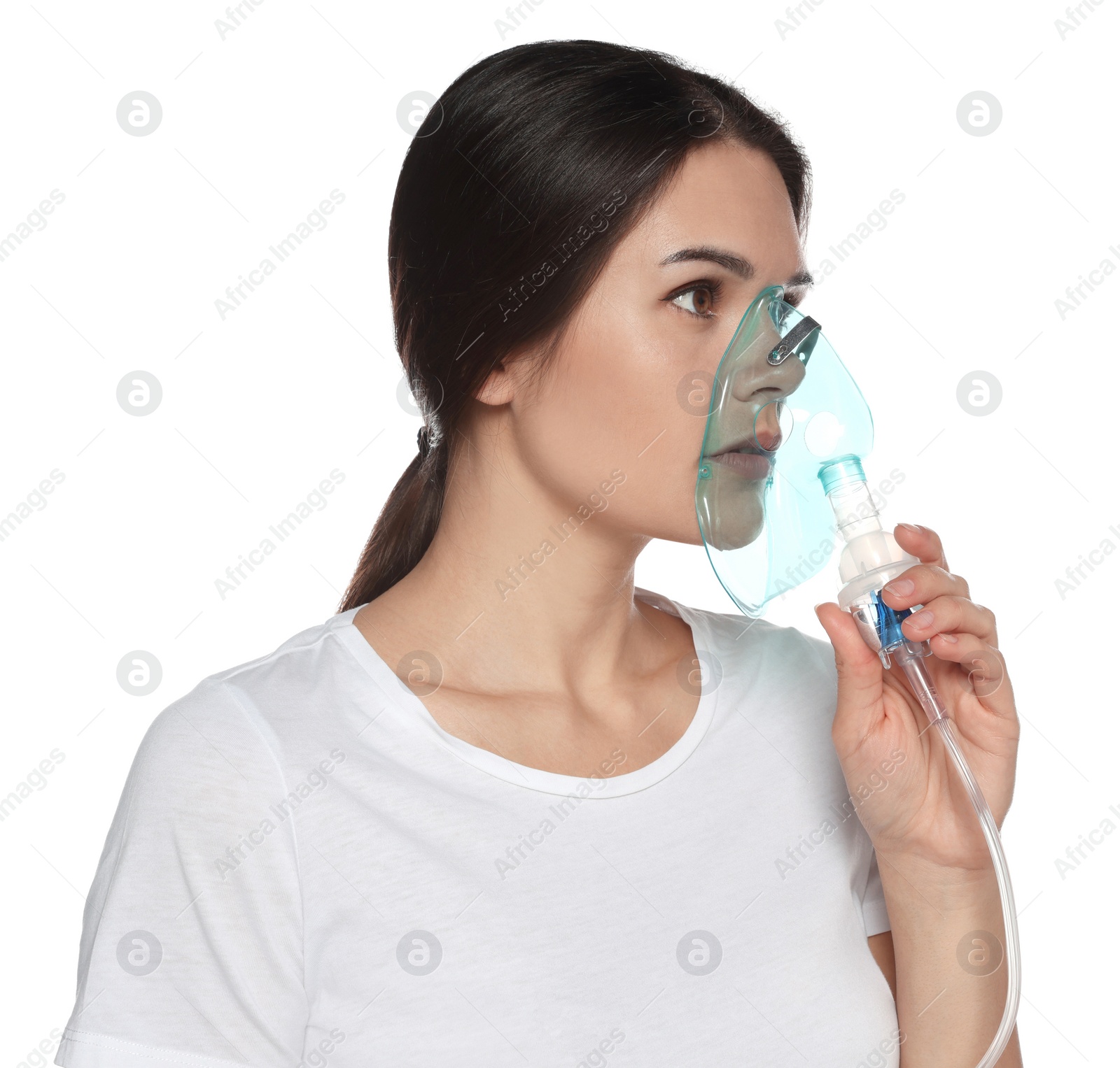 Photo of Young woman using nebulizer on white background