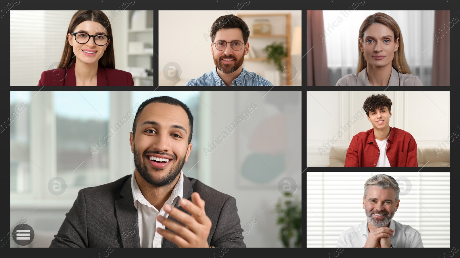 Image of Laptop (computer) screen showing people during video call. Colleagues having video chat