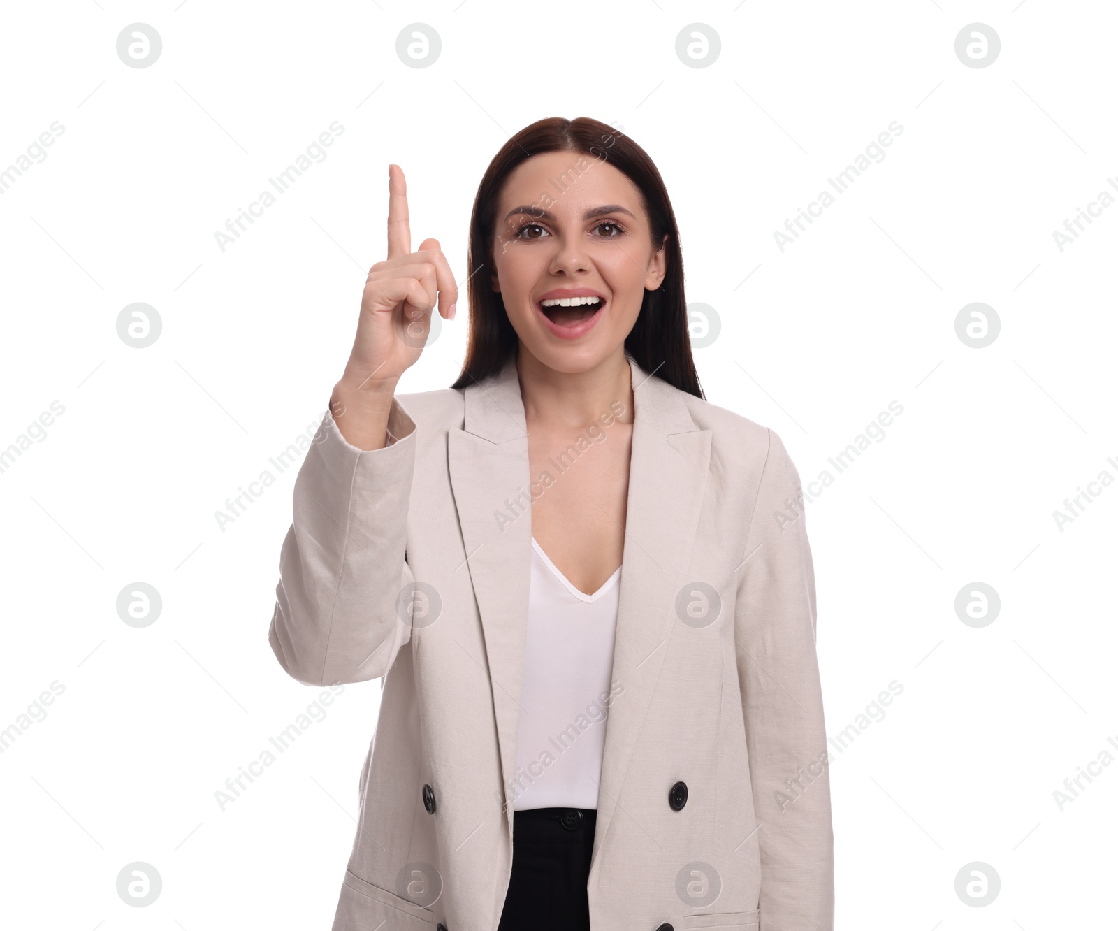 Photo of Beautiful businesswoman in suit pointing at something on white background