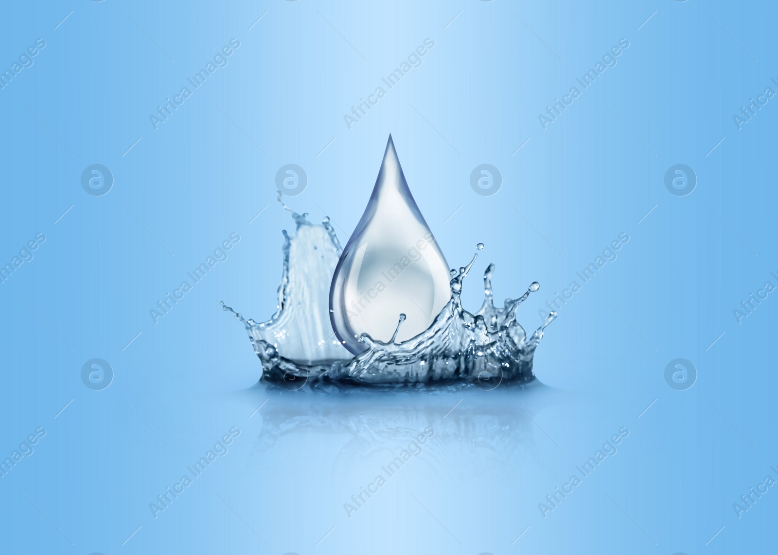 Image of Water drop falling into water on light blue background