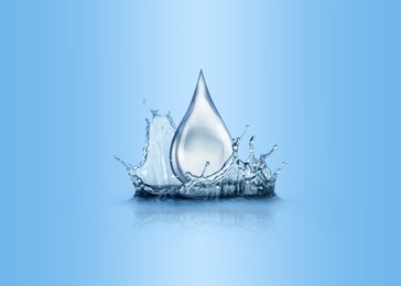 Image of Water drop falling into water on light blue background