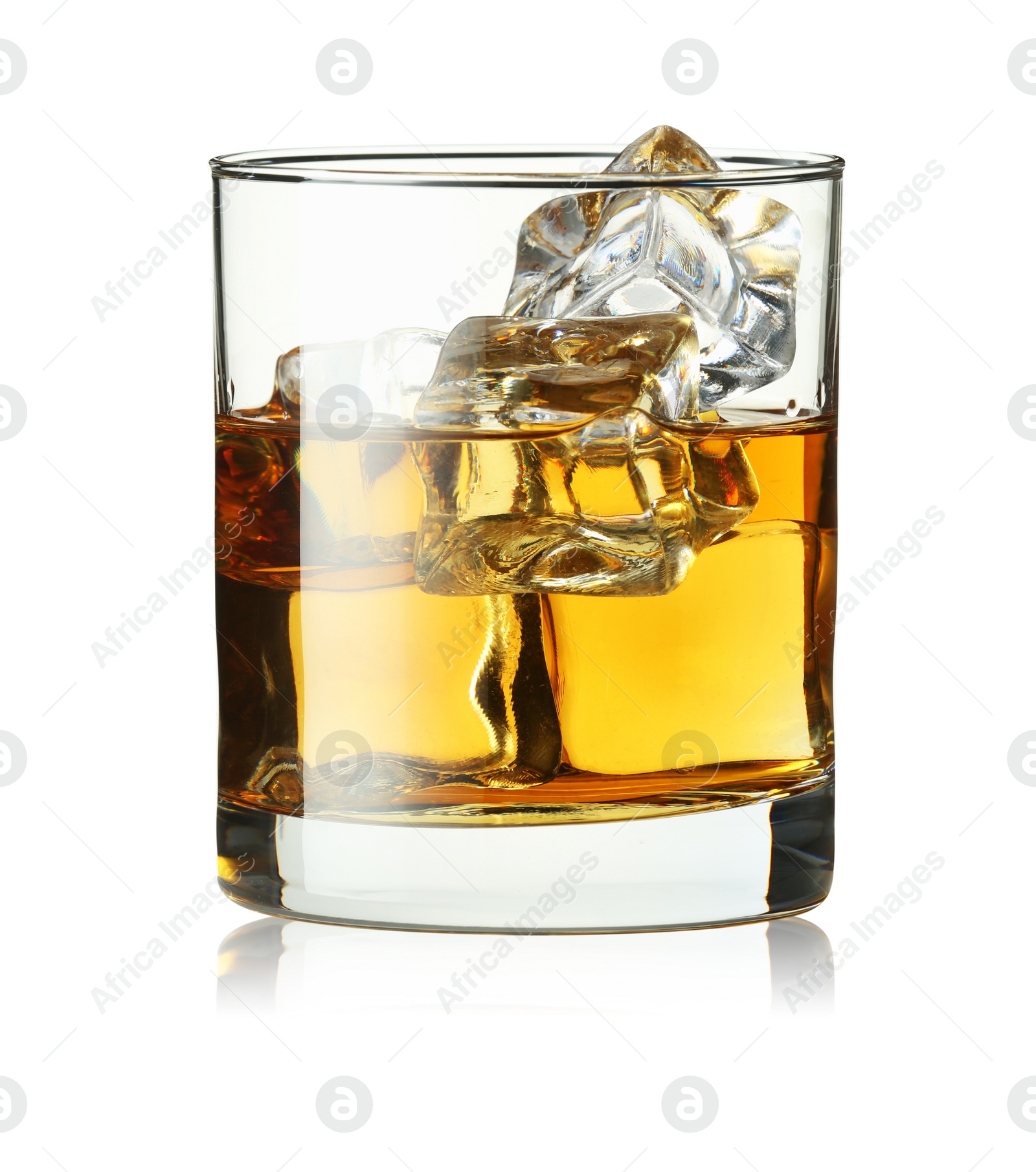 Photo of Whiskey and ice cubes in glass isolated on white