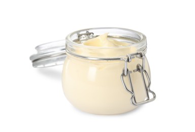 Jar of delicious mayonnaise isolated on white