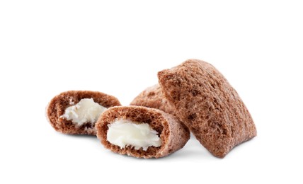 Photo of Chocolate corn pads with milk filling on white background