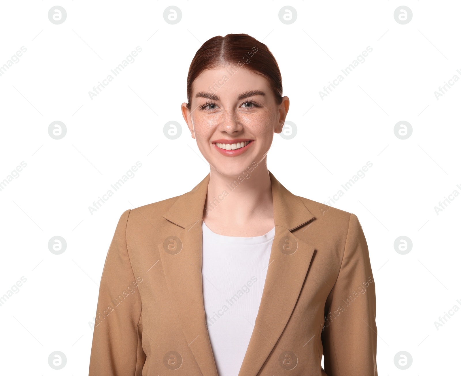 Photo of Portrait of smiling businesswoman on white background