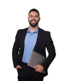 Photo of Portrait of smiling man with laptop on white background. Lawyer, businessman, accountant or manager