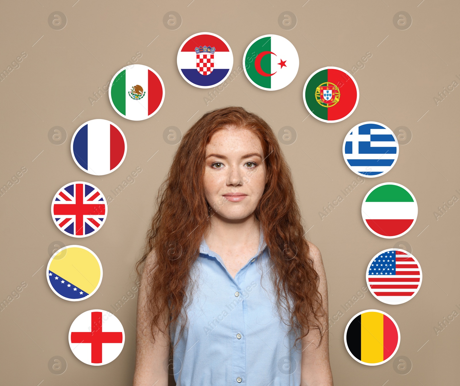 Image of Portrait of young interpreter and flags of different countries on beige background