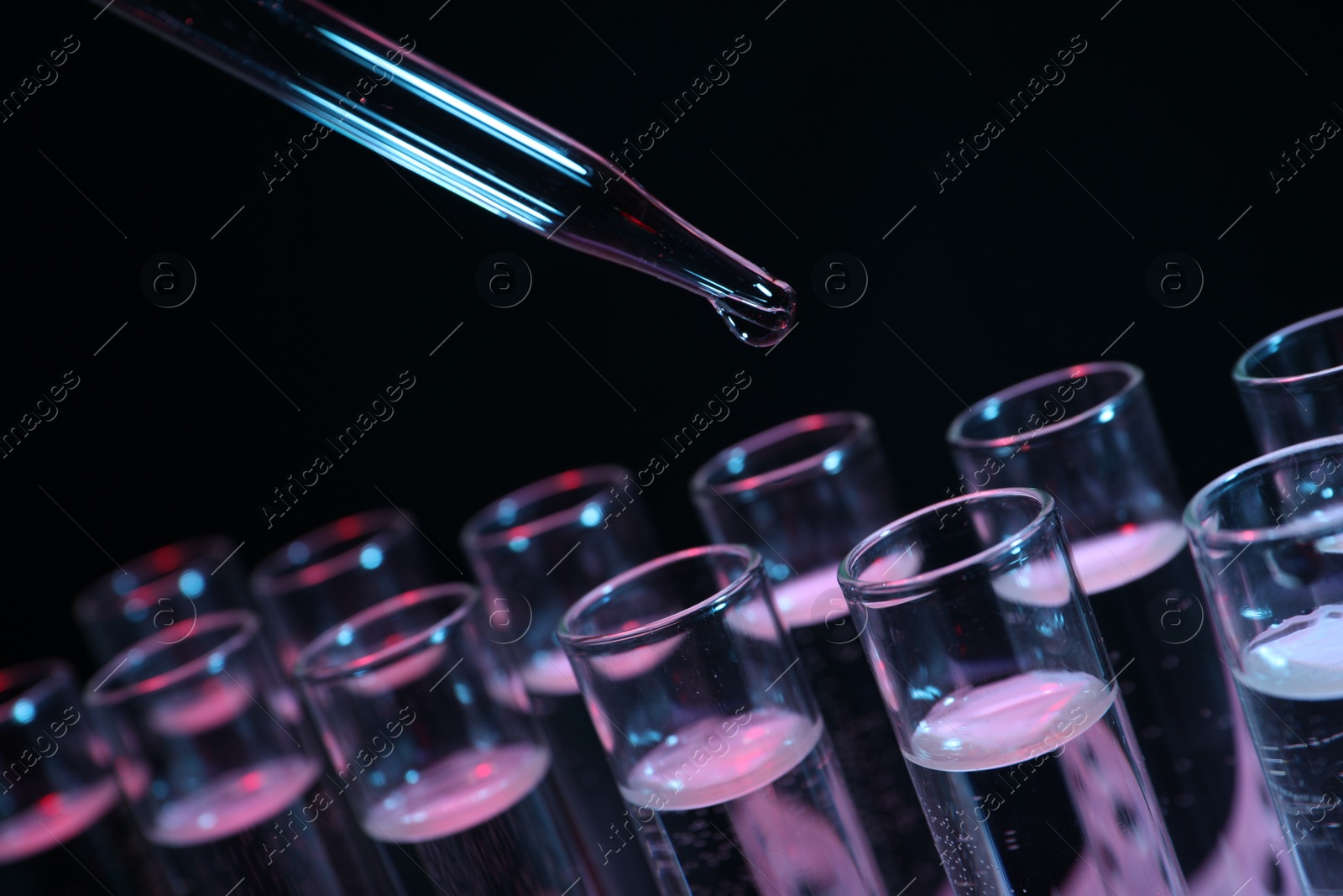 Photo of Dripping reagent into test tube on black background, closeup. Laboratory analysis