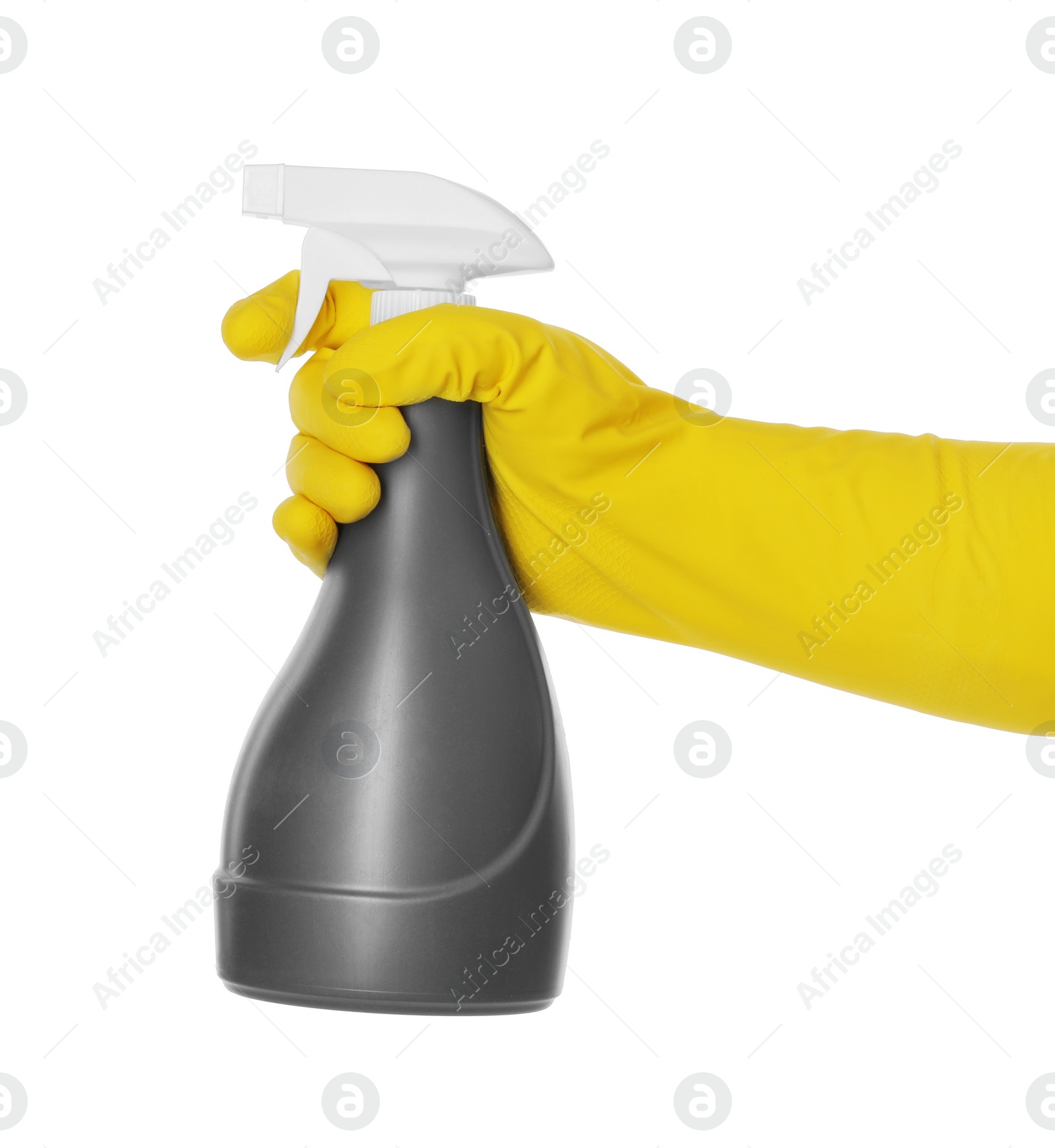 Photo of Woman holding plastic spray bottle isolated on white, closeup