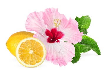 Image of Beautiful hibiscus flower, juicy ripe lemon and mint on white background