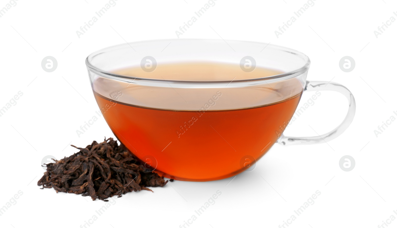 Photo of Traditional Chinese pu-erh tea and freshly brewed beverage isolated on white