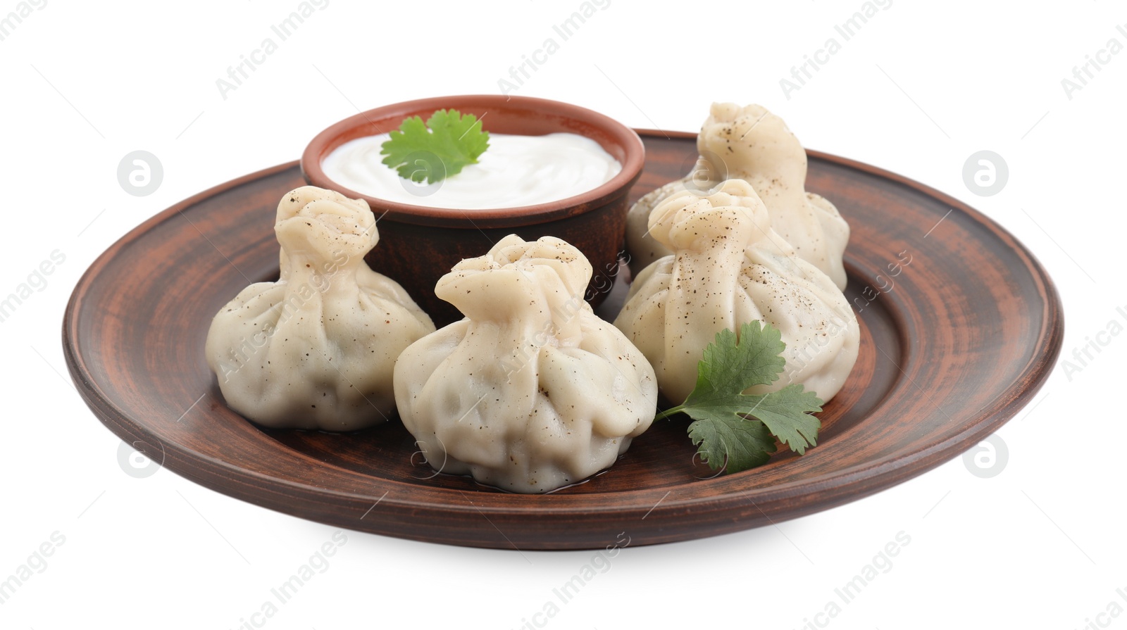 Photo of Tasty khinkali (dumplings) with sauce and spices isolated on white. Georgian cuisine