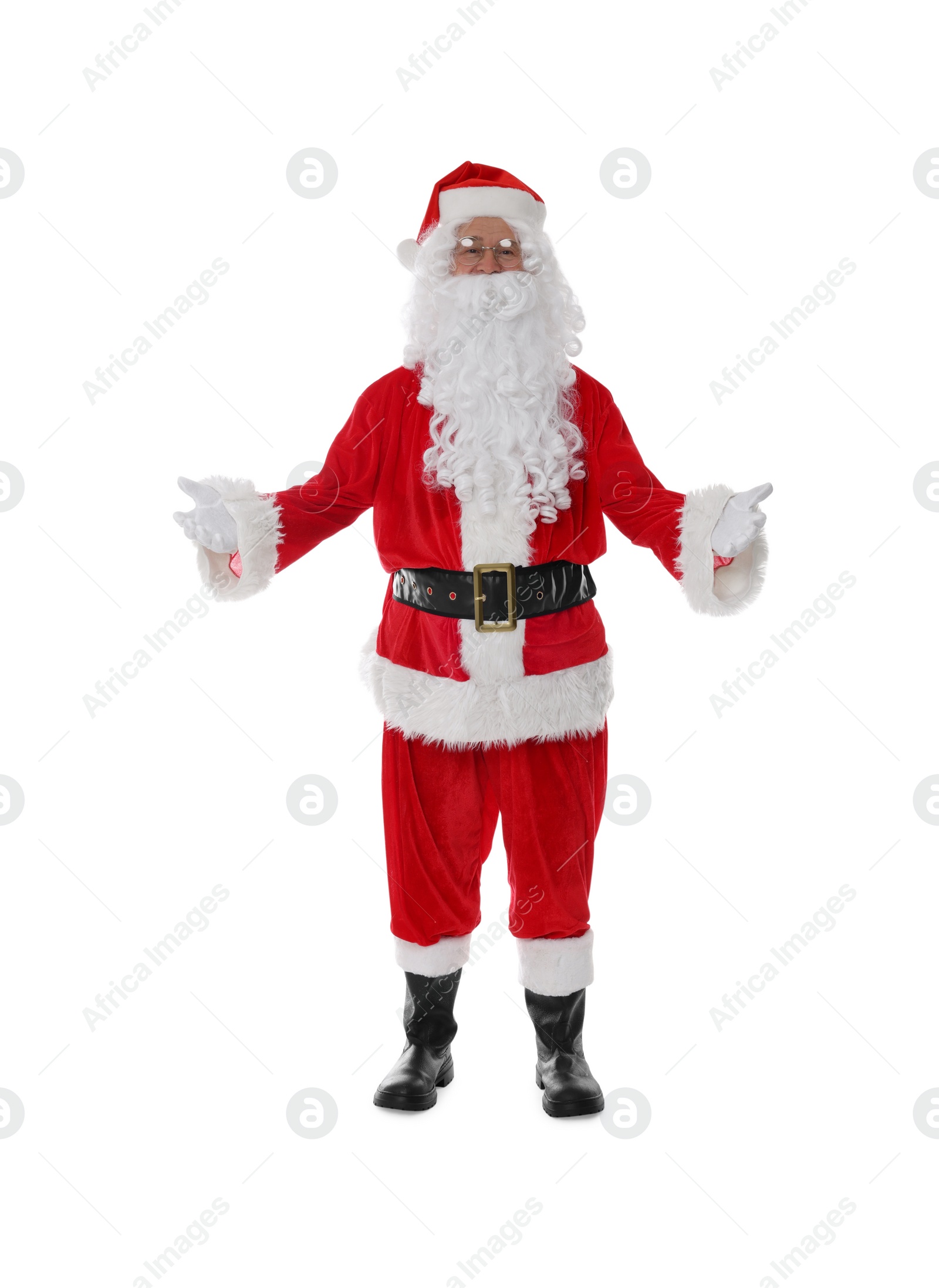 Photo of Man in Santa Claus costume posing on white background