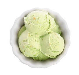 Photo of Bowl of sweet pistachio ice cream on white background, top view
