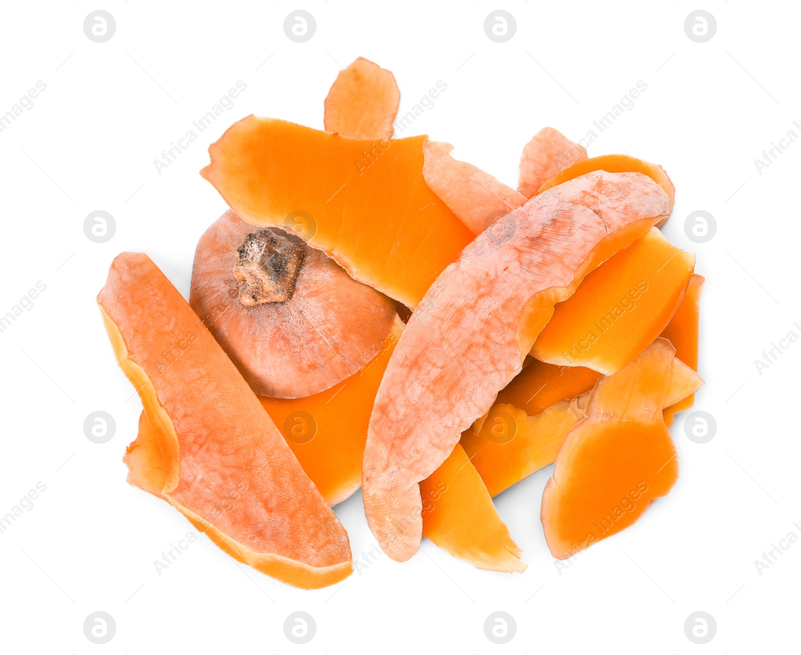 Photo of Pumpkin peel on white background, top view. Composting of organic waste