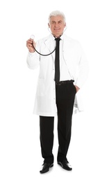 Full length portrait of male doctor with stethoscope isolated on white. Medical staff