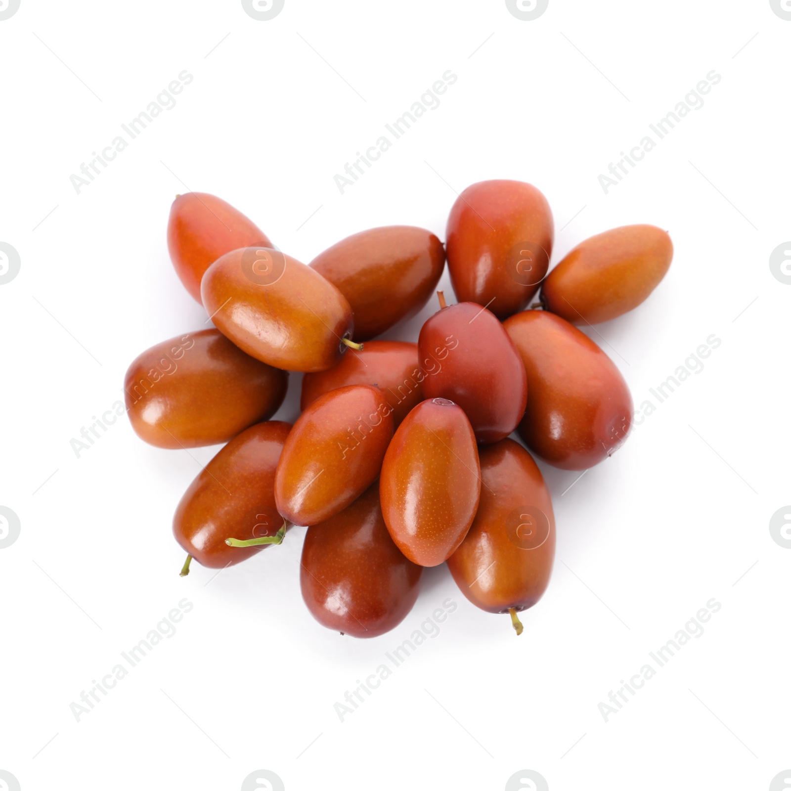 Photo of Heap of ripe red dates on white background, top view