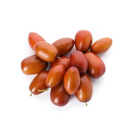 Heap of ripe red dates on white background, top view