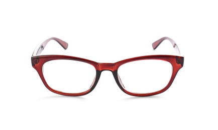Photo of Glasses with corrective lenses on white background. Vision problem