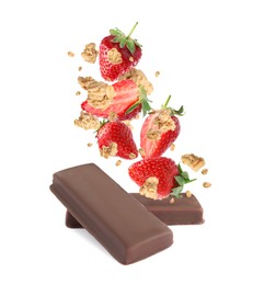 Tasty chocolate glazed protein bars and granola with strawberries falling on white background