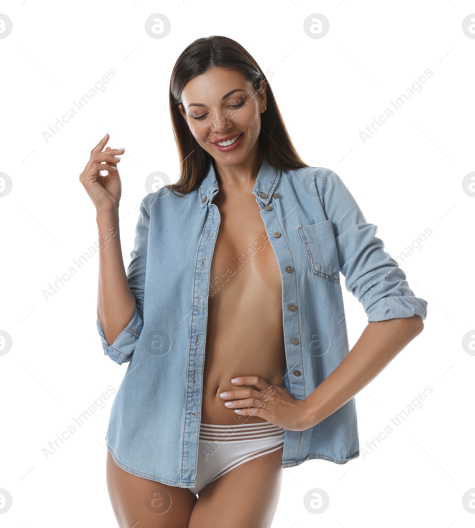 Photo of Sexy woman in panties and shirt on white background