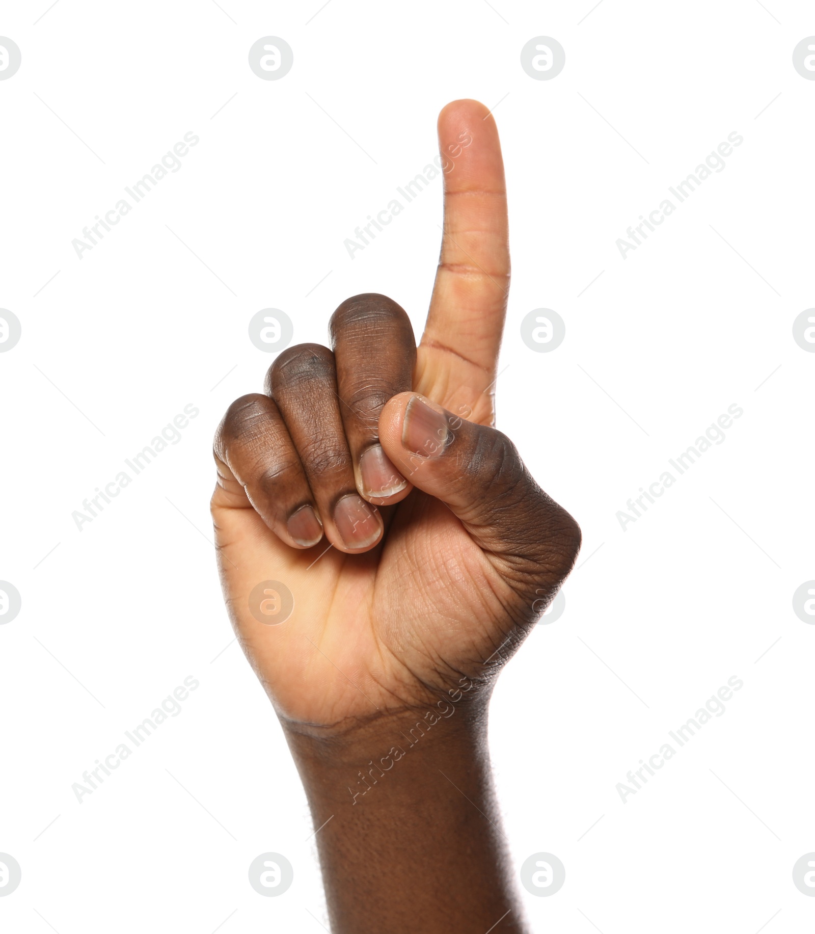 Photo of African-American man pointing at something on white background, closeup