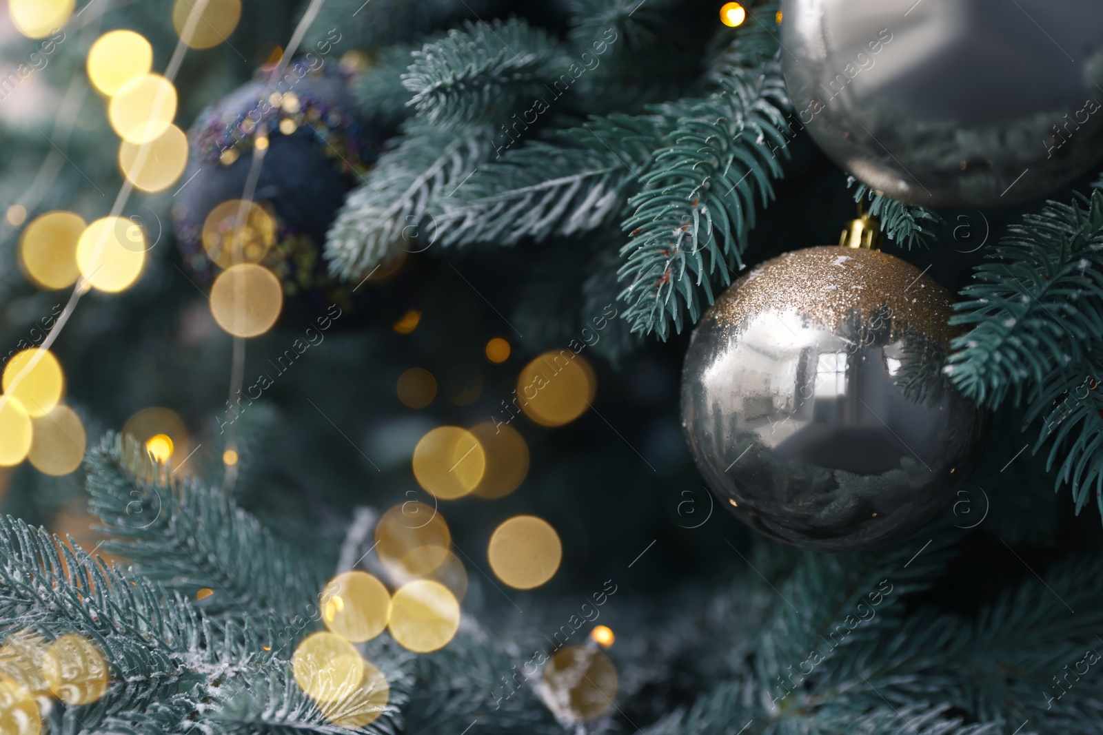 Photo of Beautiful Christmas tree with stylish decor, closeup