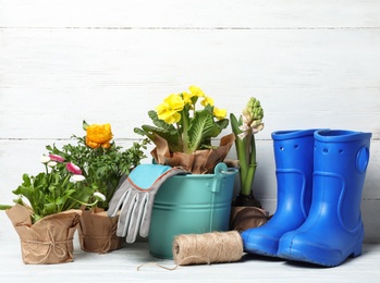 Composition with plants and gardening tools on table against wooden background