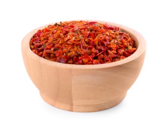 Photo of Aromatic spice. Red chili pepper flakes in bowl isolated on white