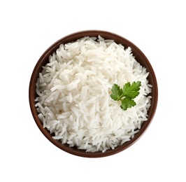 Bowl of tasty cooked rice with parsley on white background, top view