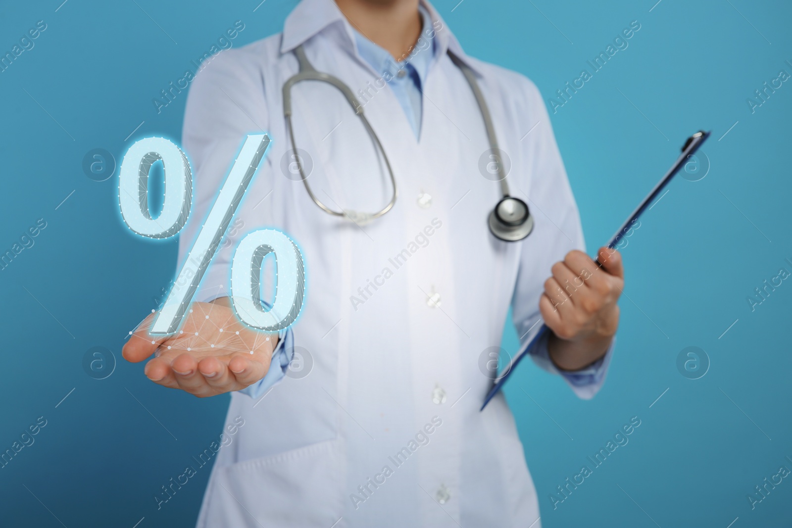 Image of Discount offer. Doctor with stethoscope and clipboard holding percent sign on light blue background, closeup