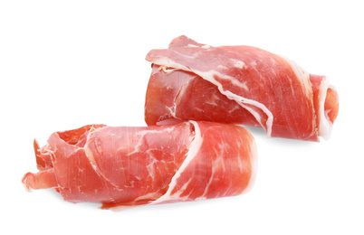 Photo of Tasty prosciutto on white background, top view