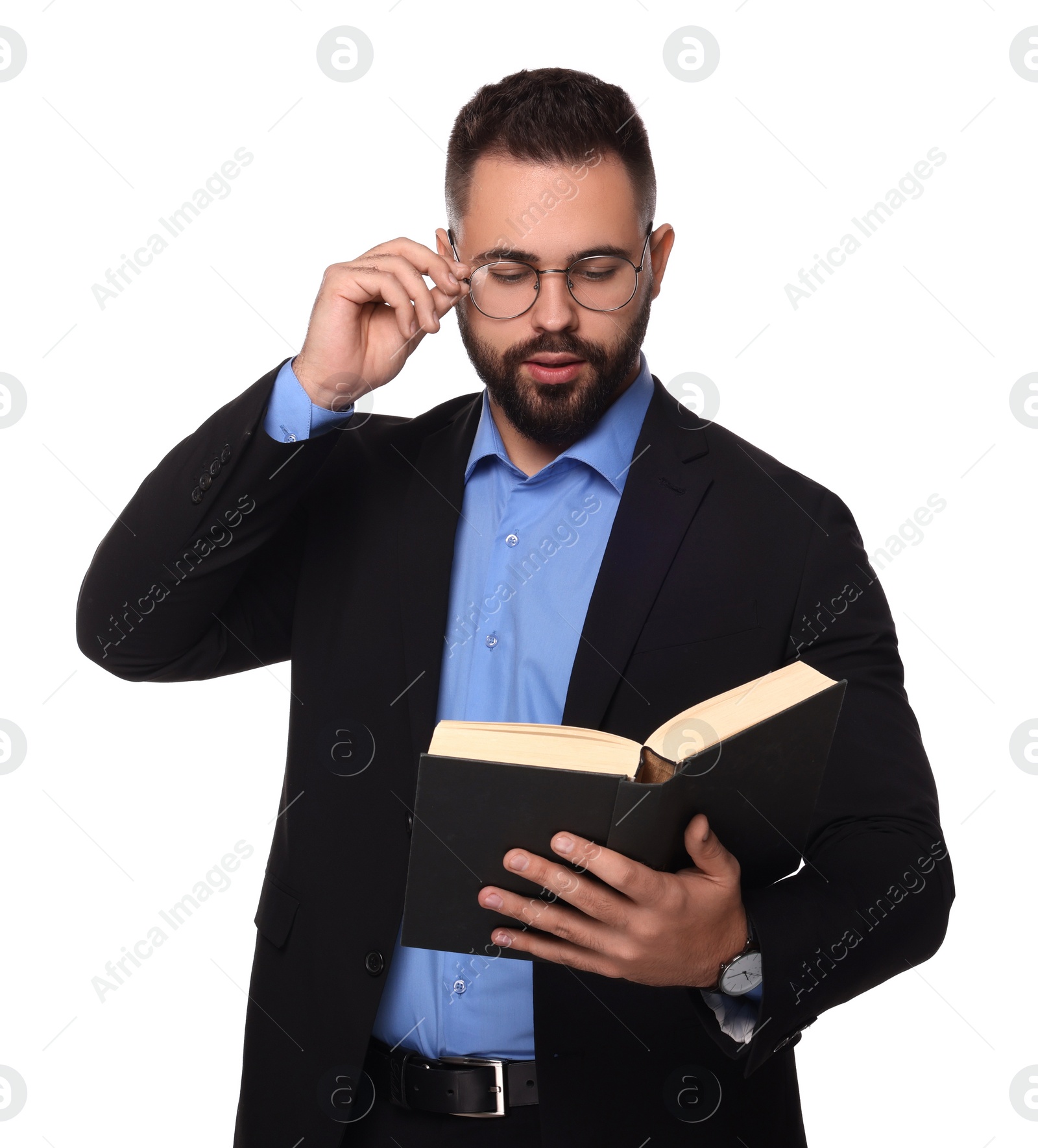 Photo of Man in glasses reading book on white background. Lawyer, businessman, accountant or manager