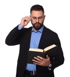 Photo of Man in glasses reading book on white background. Lawyer, businessman, accountant or manager